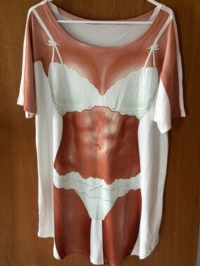 Women’s Novelty Lingerie Print Sleep Tee - White and Rose